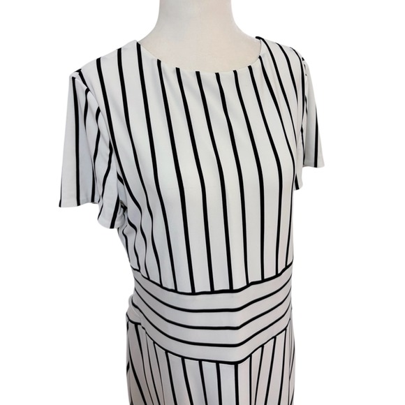 Lauren Ralph‎ Lauren Size 10 Black White Stripe Midi Dress Short Sleeve - Picture 3 of 9